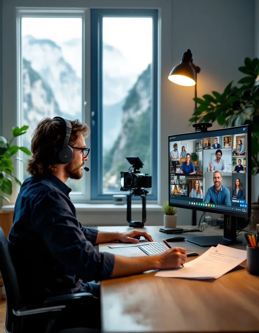 A producer at the Abacadence studio directing an educator over a live video call, the Palisades cliffs visible through the window