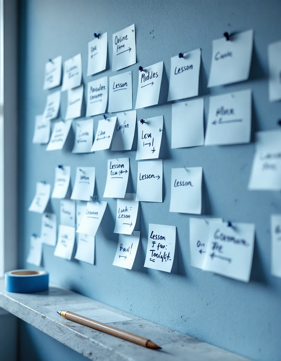 A wall of index cards mapping out the modules of a course, linked with indigo thread