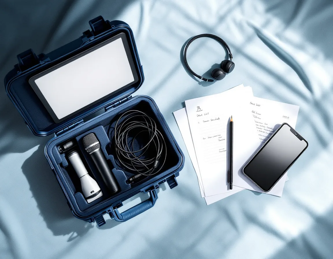 The Abacadence filming kit laid out: LED light, lavalier mic, tablet teleprompter mount, phone clamp and shot list