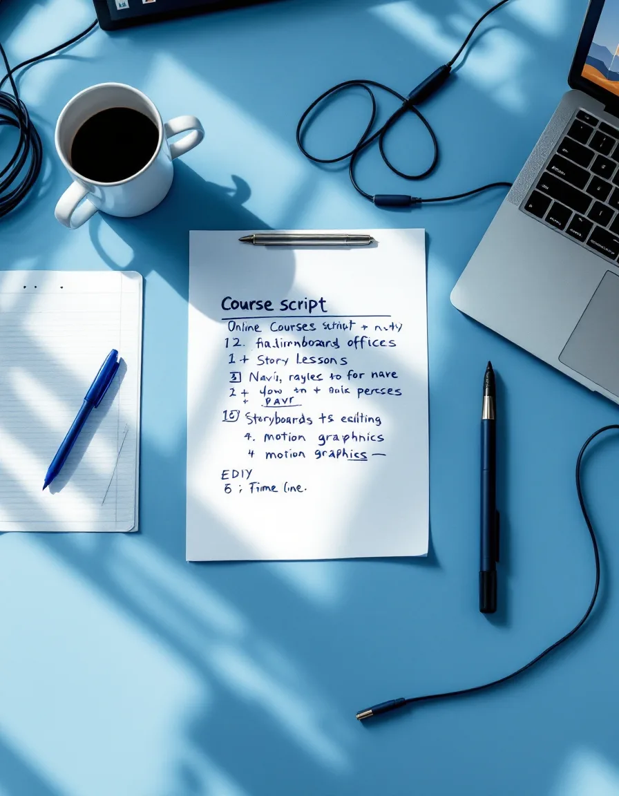 A course script covered in blue redlines beside storyboard sketches and a tablet showing an editing timeline